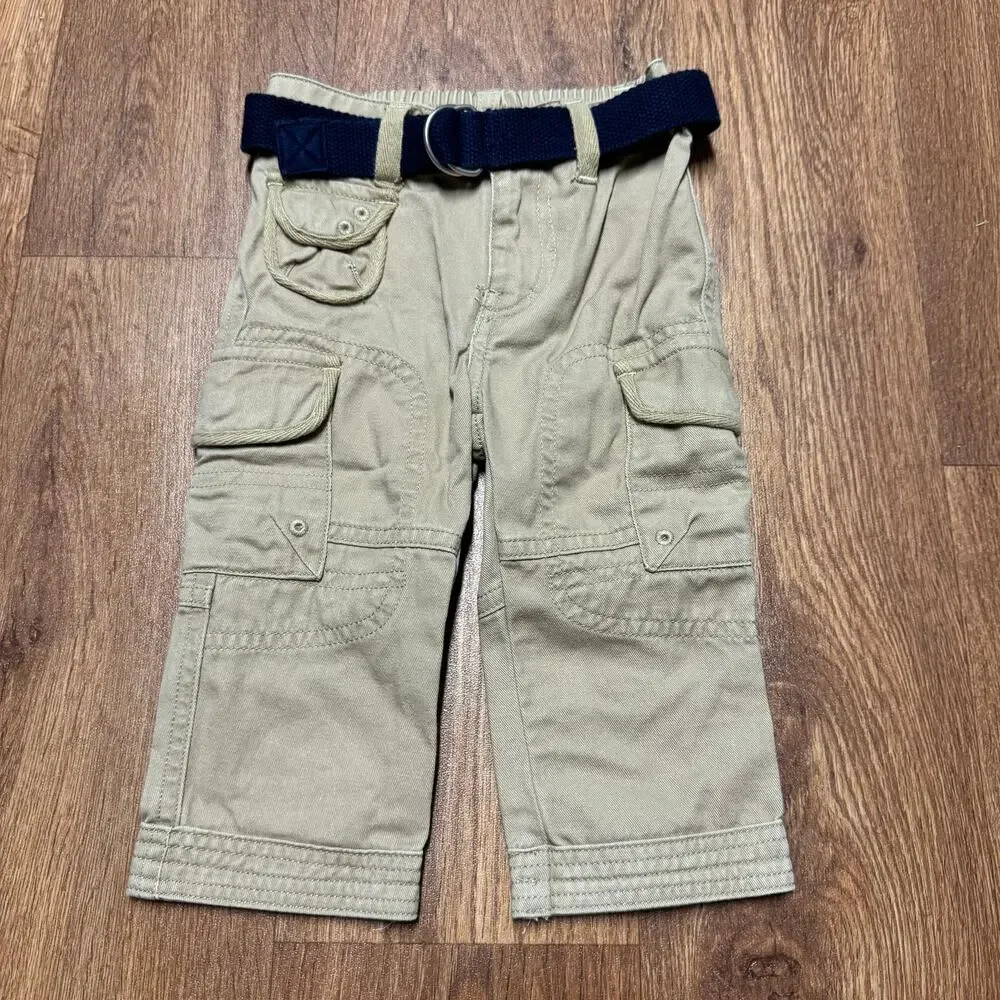 Ralph Lauren Baby Boys Khaki Tan Cargo Pants Navy Belted Pull On Cotton Size 9M